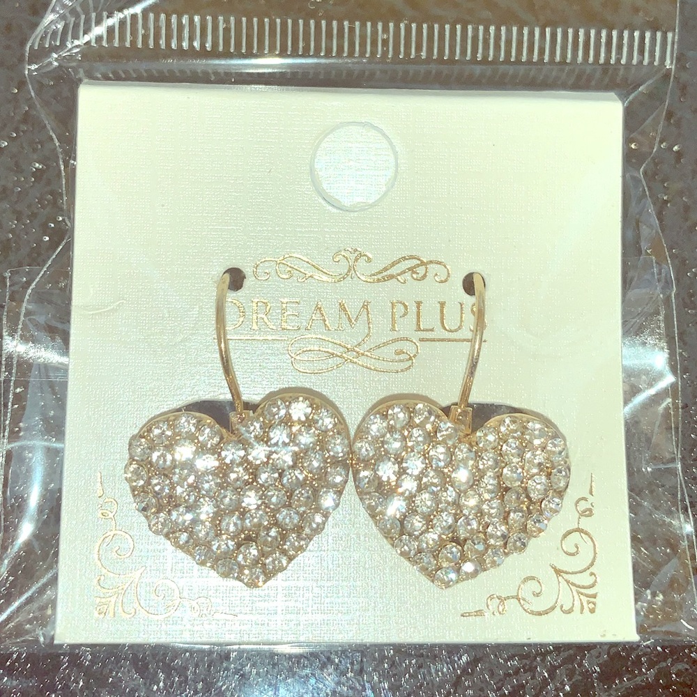 Gold Heart Shaped Rhinestone Hanging Earrings